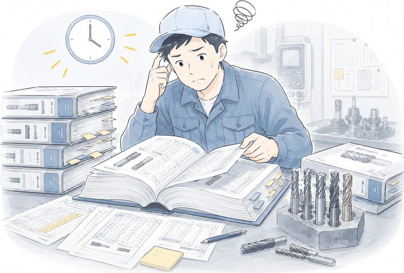 分厚いカタログや資料をめくって切削条件を探し、時間がかかり困っている作業者のイラスト