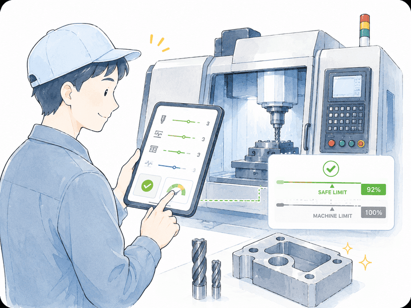 工作機械の前でタブレットのアプリを使い、安全範囲を確認する作業者のイラスト