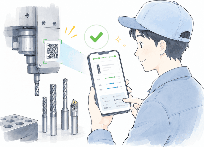 工作機械に貼られたQRコードをスマートフォンで読み取り、計算画面が開くイラスト