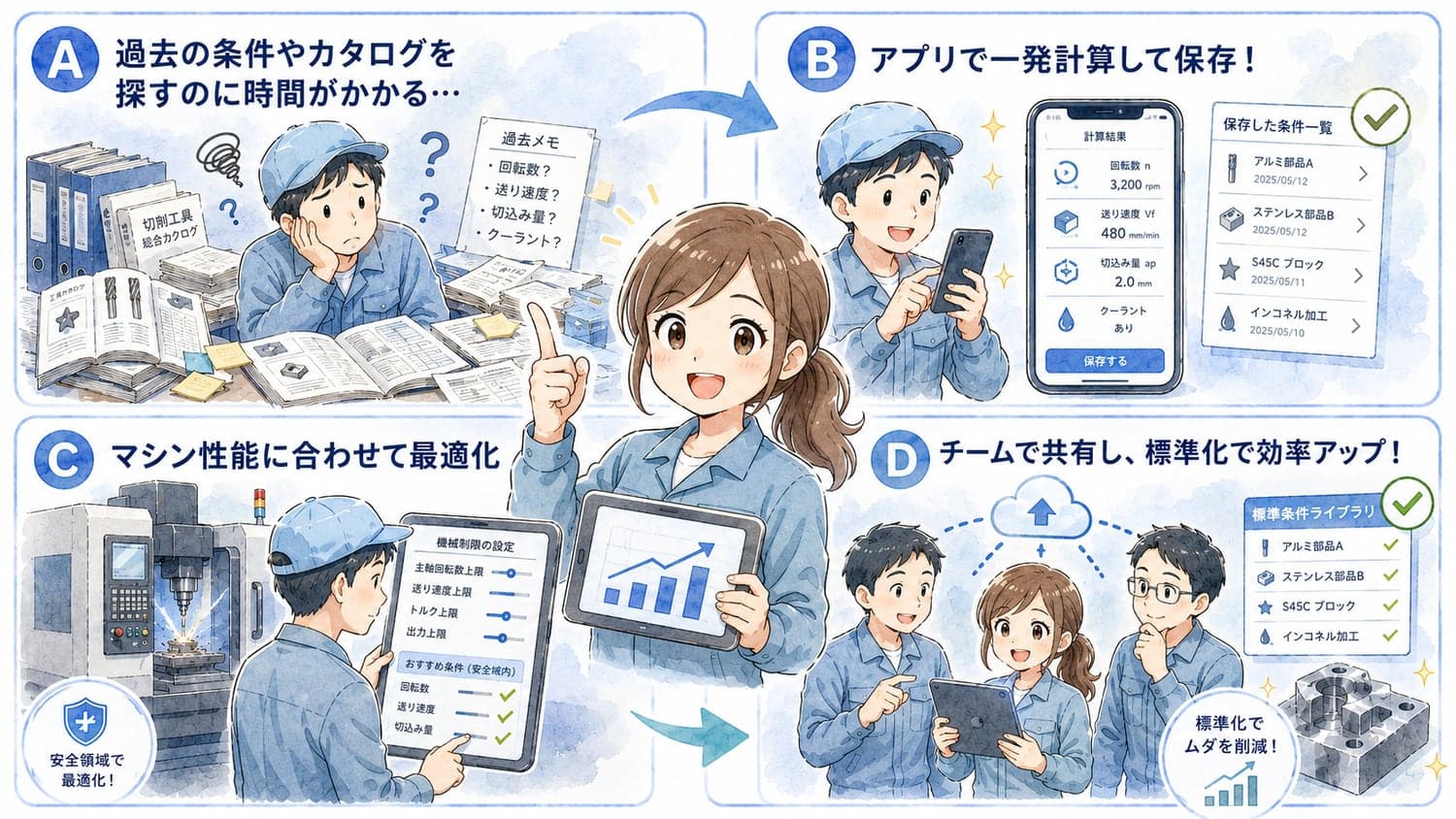 切削条件が分からず困っている状態から、アプリで計算・保存し、機械に合わせて最適加工、チームで共有・標準化するまでの流れを描いた4コマイラスト