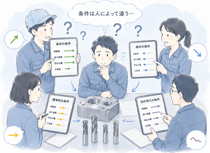担当者ごとに違う切削条件のタブレットを見せ合い、条件が人によってバラバラで戸惑うイラスト
