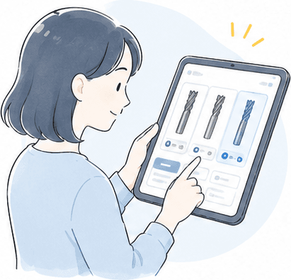 タブレットでアプリの工具選択画面を操作する人のイラスト